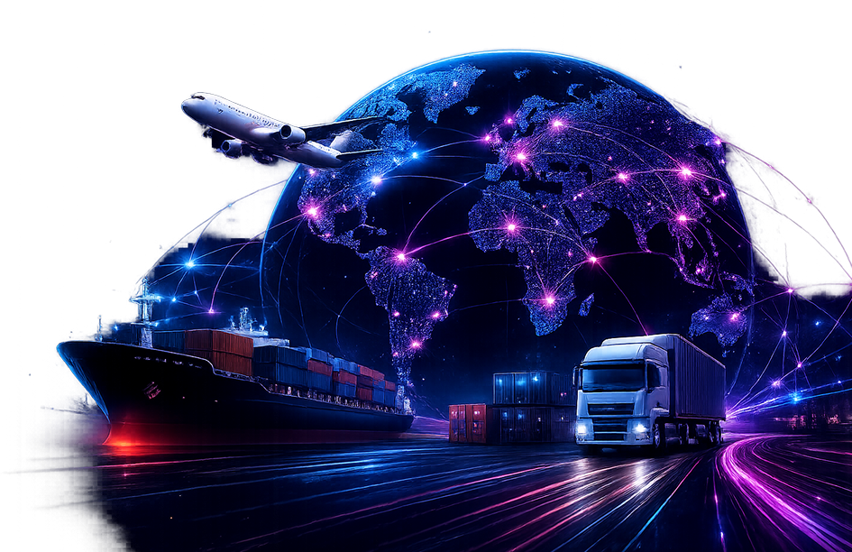 Global logistics network showing a cargo ship, airplane, and truck connected by digital routes across a glowing world globe