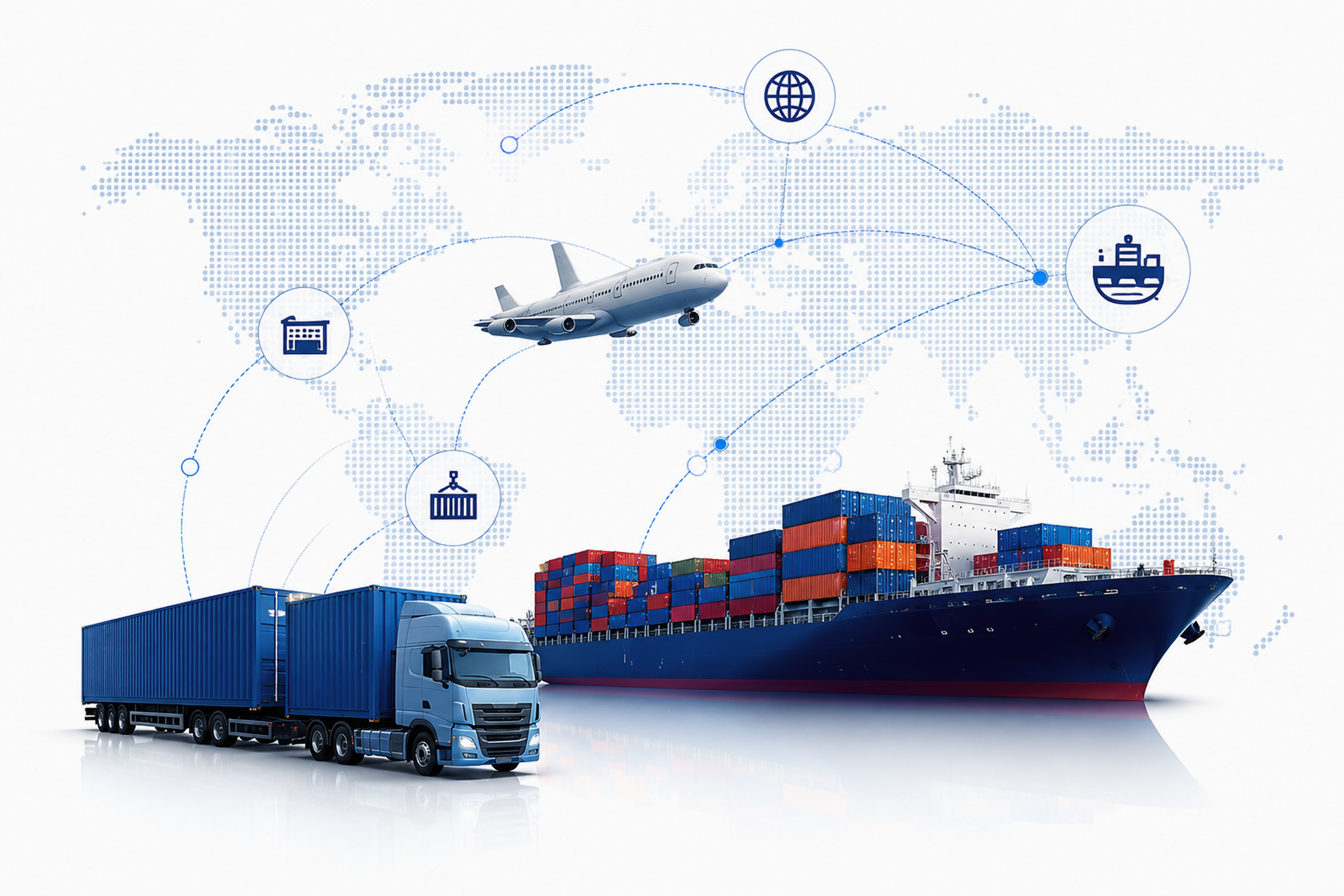 International logistics illustration with cargo ship, truck, airplane, and global trade icons